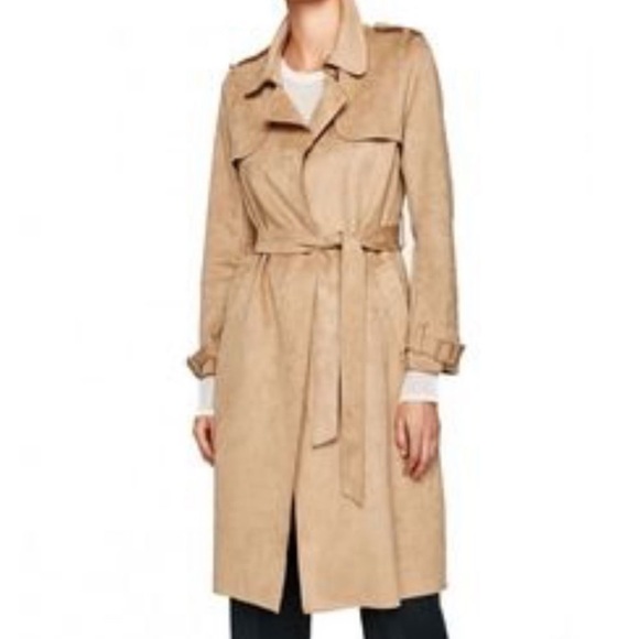CLEARANCE Trench Coat Beige Camel Color Vegan Ultra Suede Cloth Size Small - Picture 5 of 8